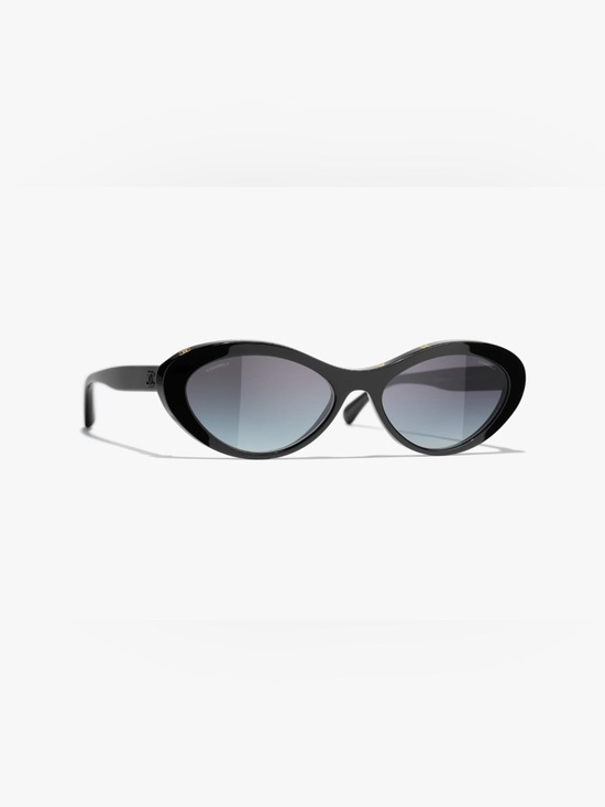 CHANEL Accessories - CHANEL Black Gloss Oval Sunglasses with Gold CC Temples